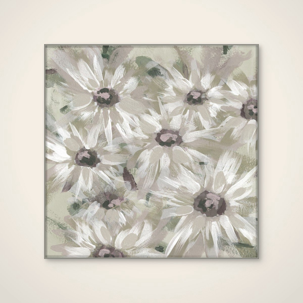 Akoestisch schilderij - 100 x 100 cm - Soft Daisy Blooms van Lori Ann Folz - Botanische wanddecoratie - zilver textielframe