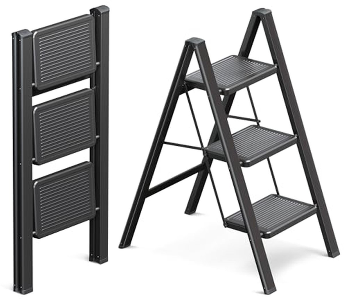 Opvouwbare Ladder - Zwart - 3 Treden - Stevige Antislipladder met Verbreed Pedaal - Voor Thuis en Tuin