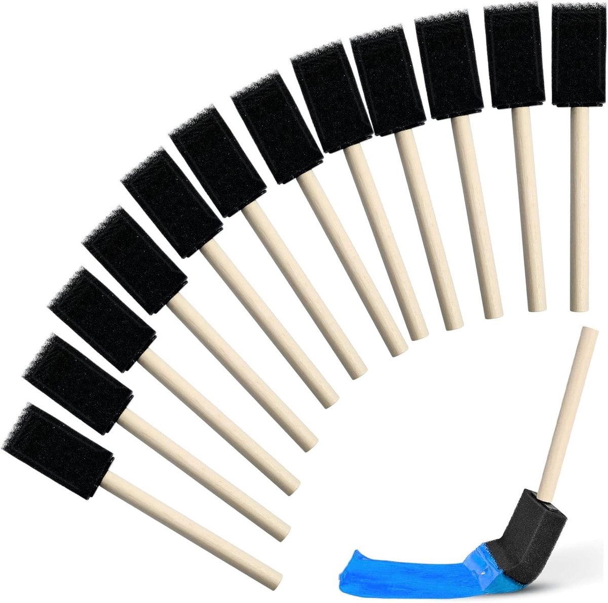 12 Schuimborstels voor Schilderen - Houten Handvat, 1 Inch Verfborstels voor Verven, Vernissen en Creatieve Projecten, Perfect voor Doe-Het-Zelf Klussen