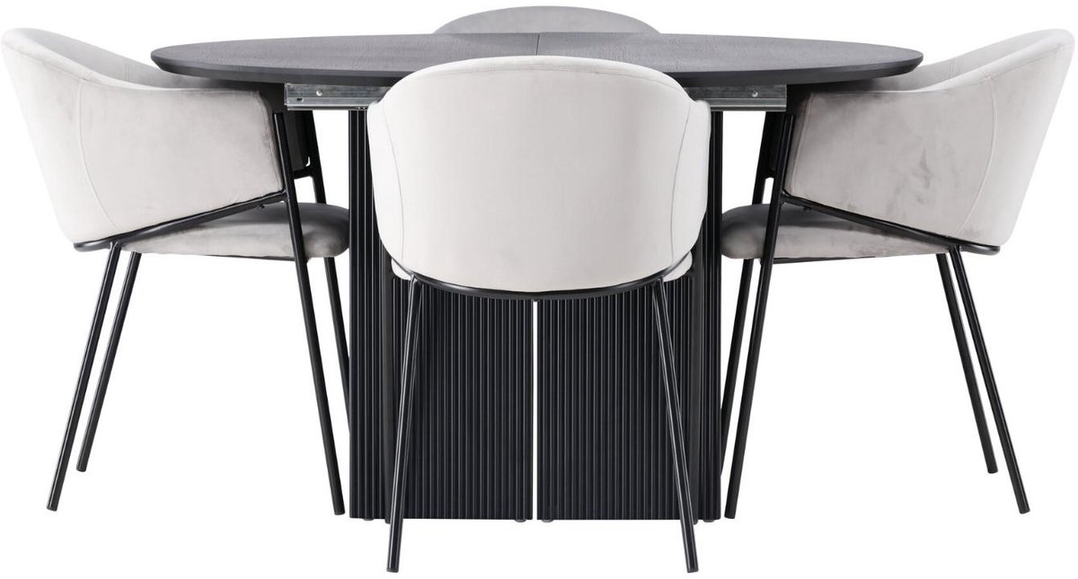 Matilda eethoek eettafel met uitschuifbare functie zwart 4 stoelen velours grijs.