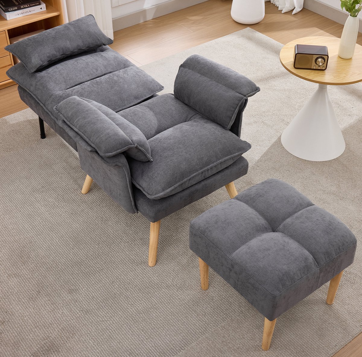 FloraGrace Relaxfauteuil Met Hocker - 5-Voudig Verstelbare Rugleuning - Voor Lezen En Tv-Kijken - Linnenstof En Massief Hout - Grijs