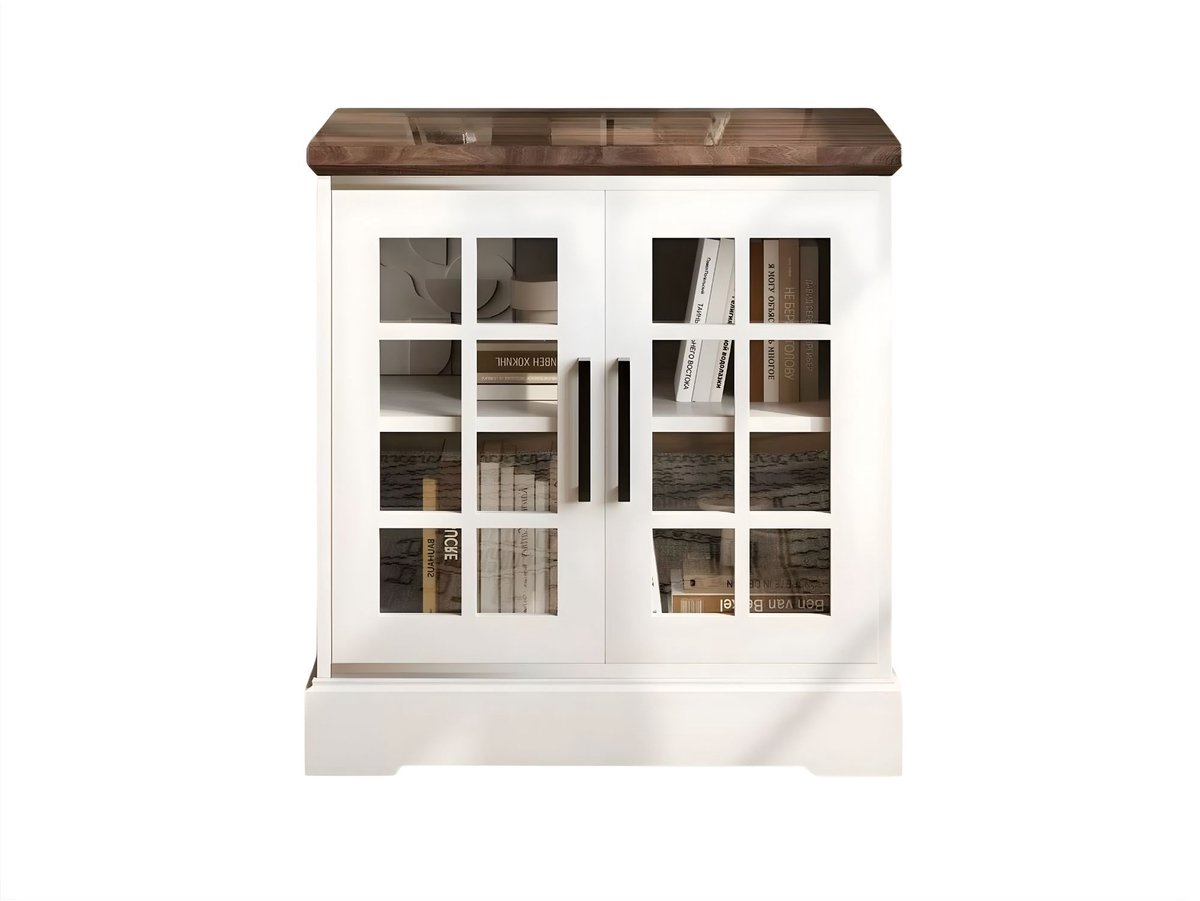 Nachtkastje - Farmhouse Bijzettafel met Oplaadstation, Glazen Deur en Verstelbare Plank 61cm - Hout en Glas - Wit 50 l 10 l