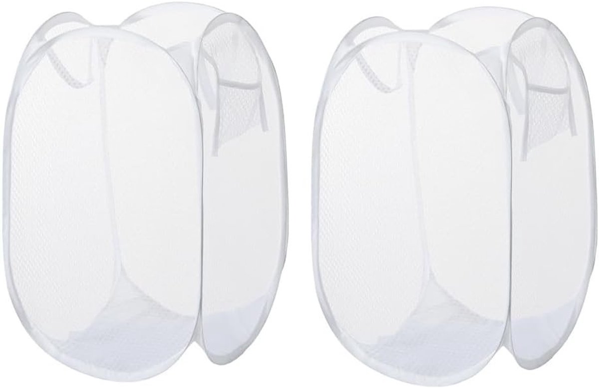 Pop Up Wasmanden Set van 2, Opvouwbare Mesh Wasmand met Handvatten en Zijvak, Ideaal voor Badkamer en Studentenhuis, Wit en Ruimtebesparend