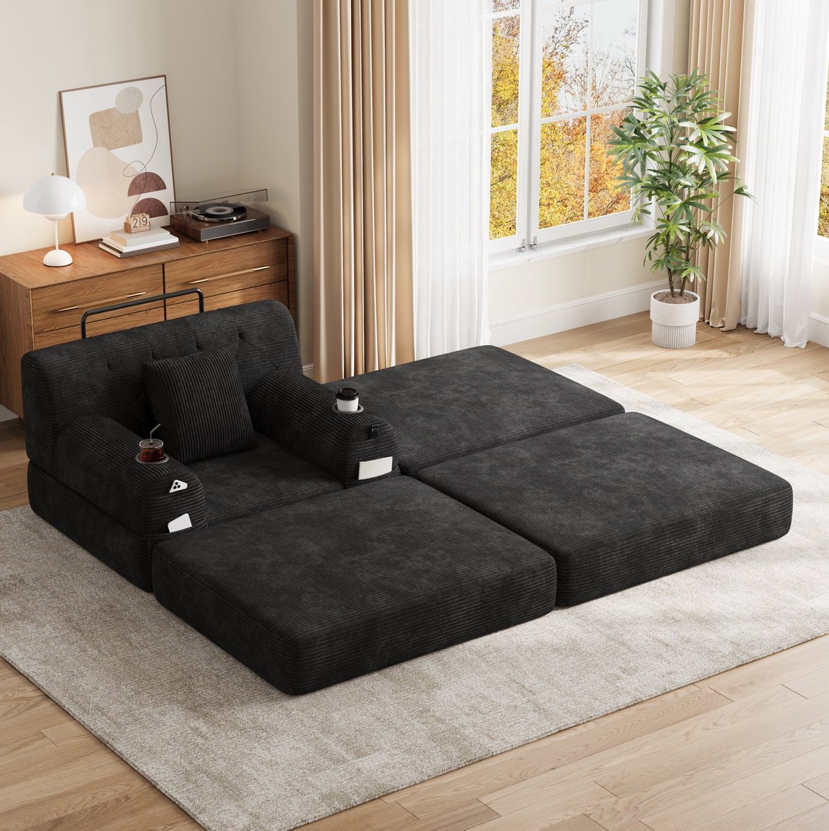 Wishdor - 1-zits slaapfauteuil - met hocker en ligfunctie - hoge rugleuning met opbergtassen - modern voor woonkamer of logeerkamer - cord - zwart - 191 x 162 x 81 cm