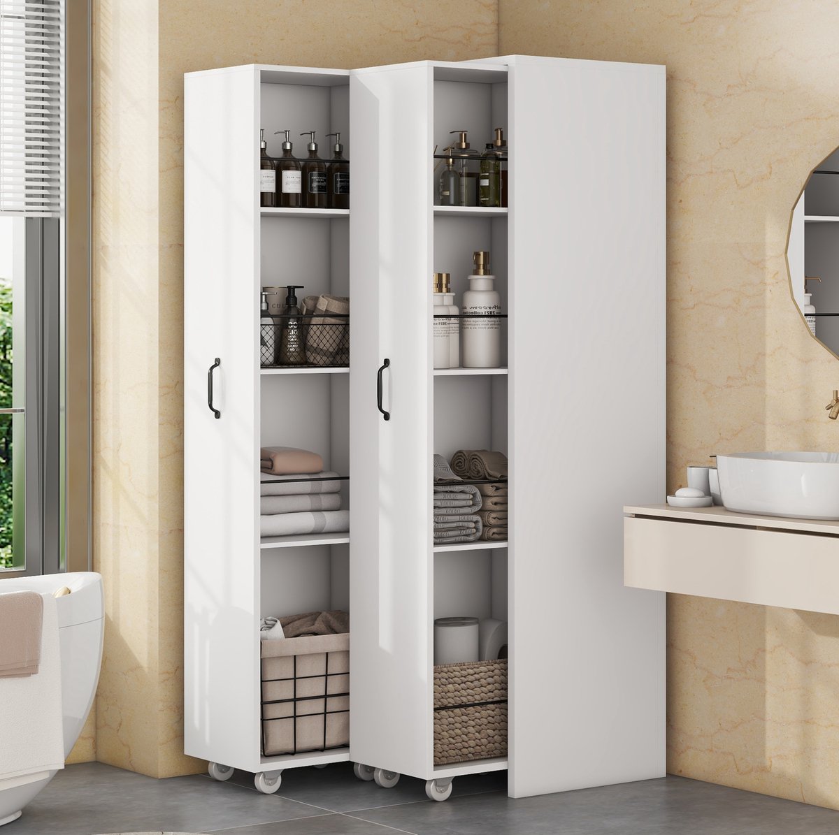 STILVORA Boekenkast - Uitschuifbaar Op Wielen Met 4 Planken - Links En Rechts Verwisselbaar Voor Badkamer Keuken En Woonkamer - MDF - 51,5x41x158 Cm - Wit