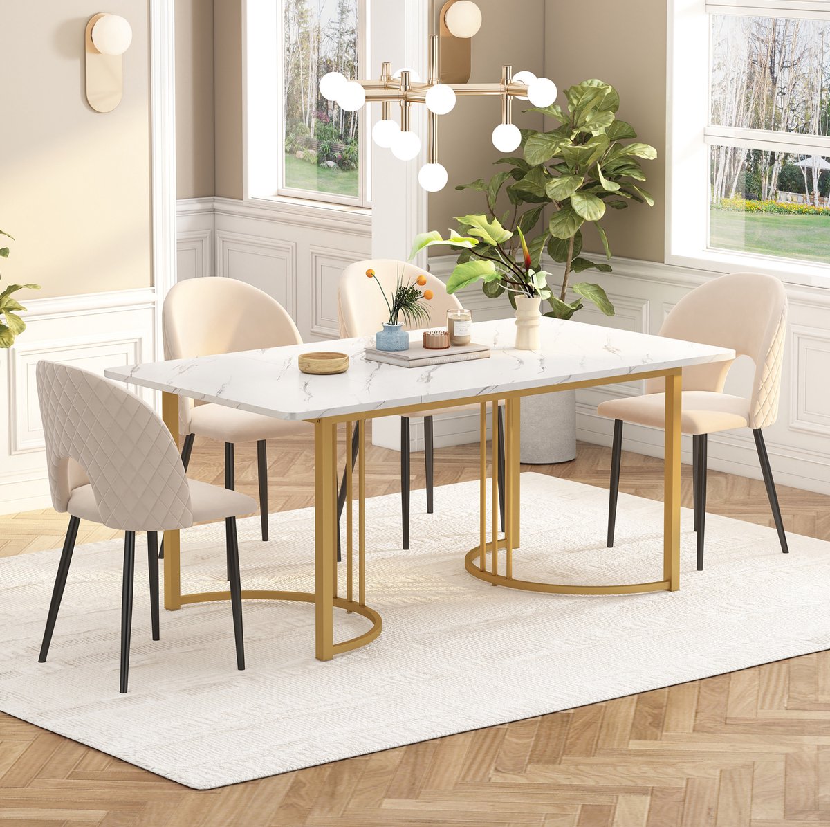 FloraGrace Eettafel - Rechthoekig Met Marmerlook En Verstelbare Voetjes - Voor Keuken En Eetkamer - MDF En Metaal - 140x80x75 Cm - Wit