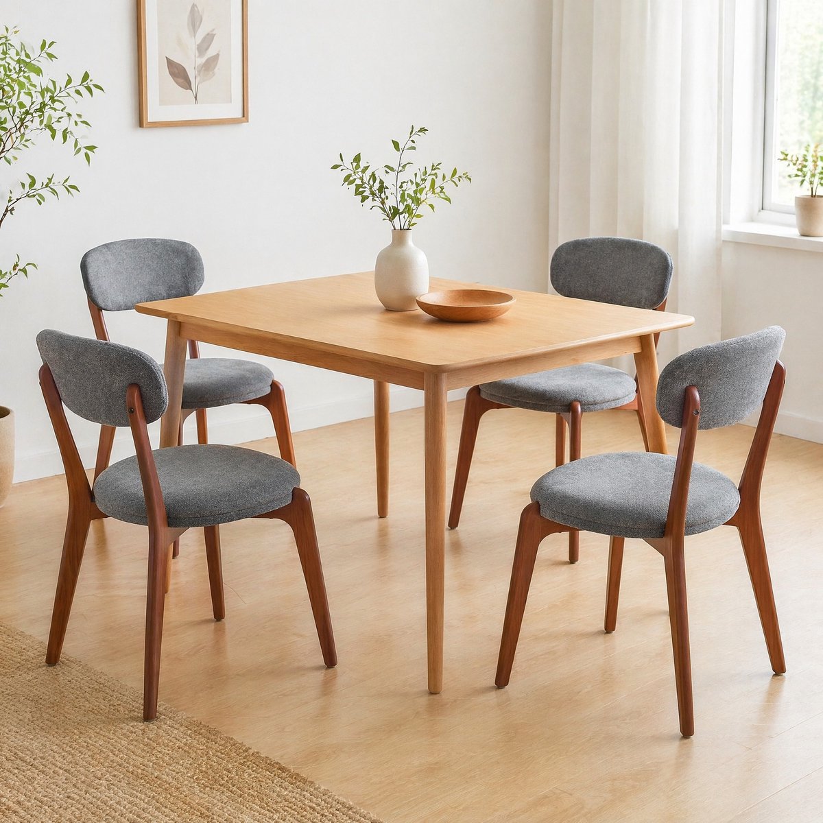 FloraGrace Eetkamerstoel Set Van 4 55,5 X 48,5 X 84 Cm Grijs Stof Met Gewatteerde Zitting Houtlook Poten Modern Voor Eetkamer En Keuken
