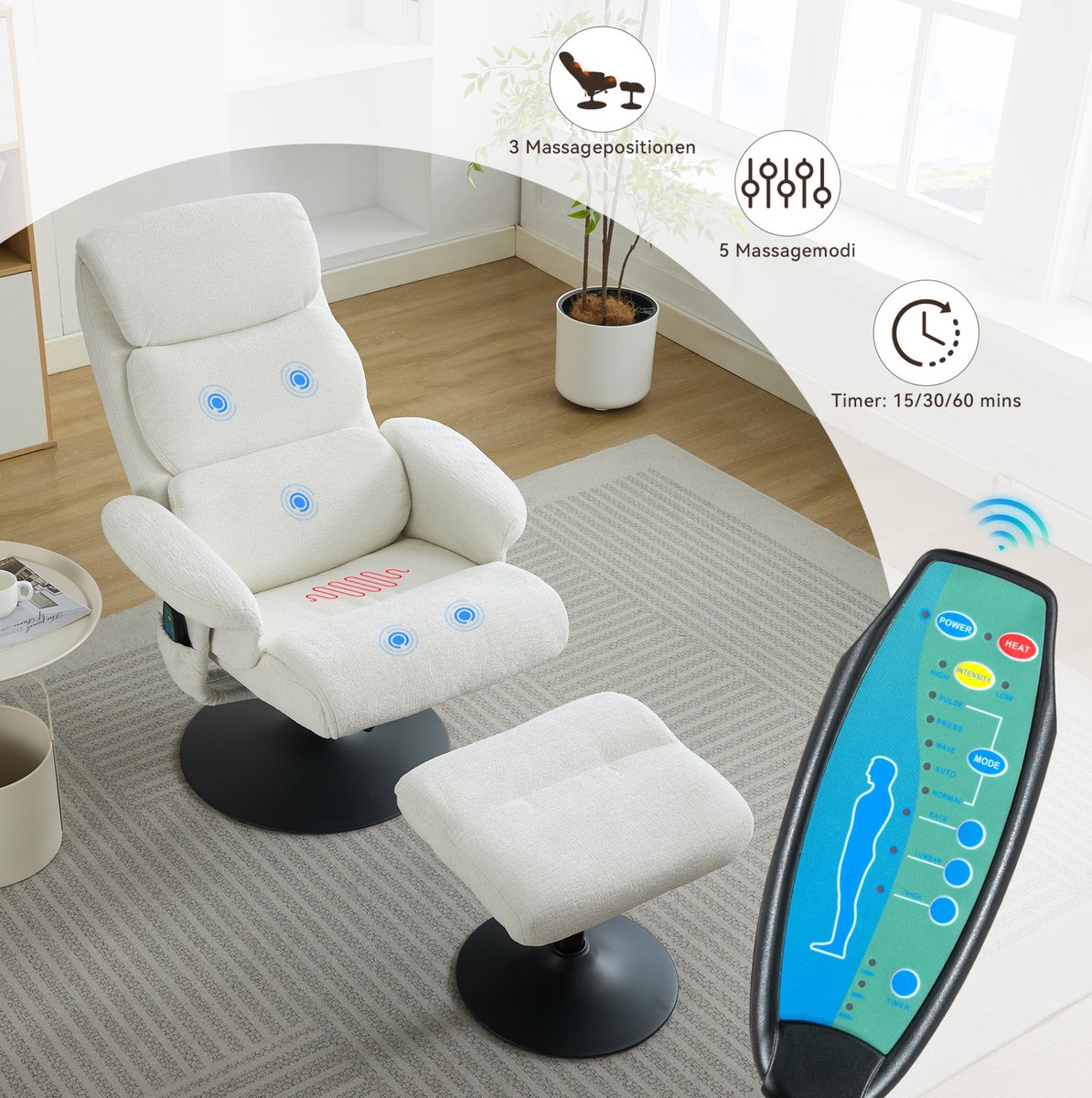 FloraGrace Relaxfauteuil Met 5-Punts Massage En Verwarming - 360° Draaibaar Met Hocker - Woonkamer Slaapkamer - Chenille - Wit – foto 6