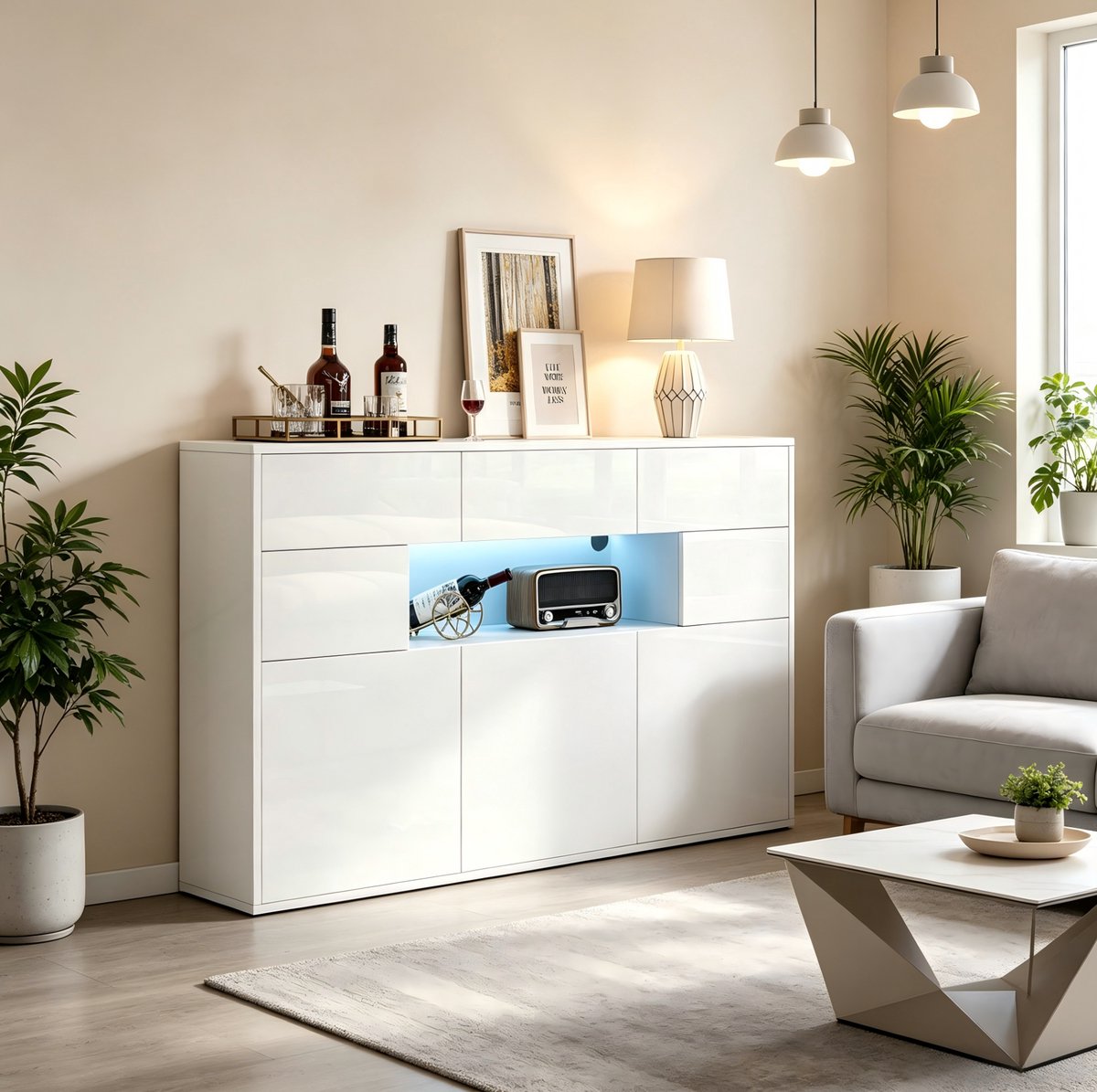 OKWISH Dressoir - Hoogglans Fronten Met LED-Verlichting - 140 x 30 x 82 cm - 3 Lades En 5 Opbergvakken - MDF Wit Voor Woonkamer