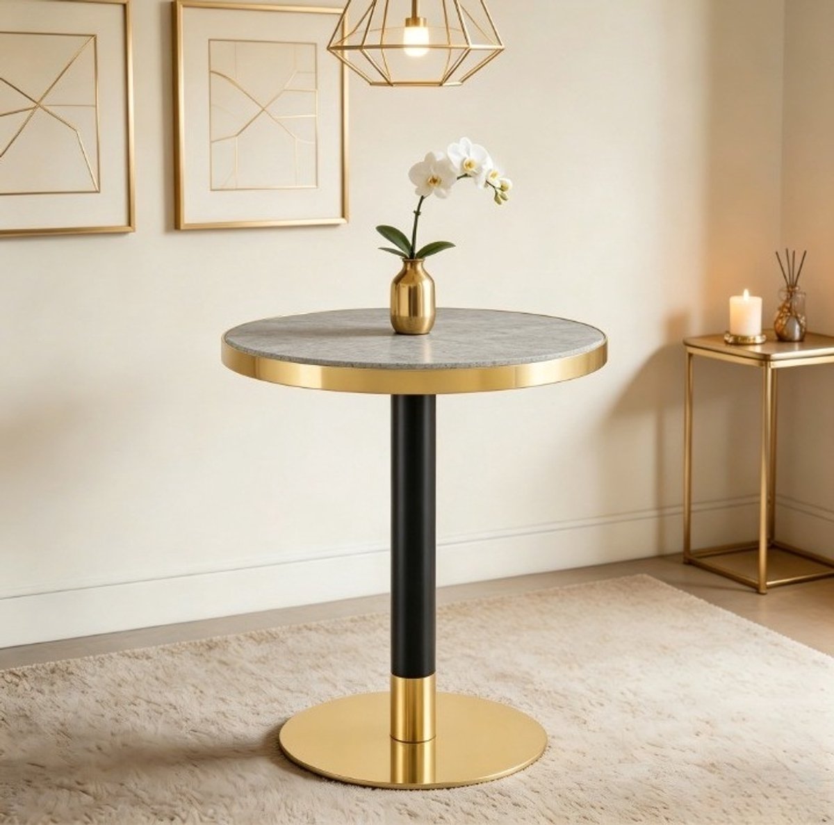 OKWISH Bijzettafel - Rond Marmereffect Met Gouden Rand - Voor Woonkamer Slaapkamer Of Balkon - MDF En Metaal Grijs - 60 x 73,7 cm