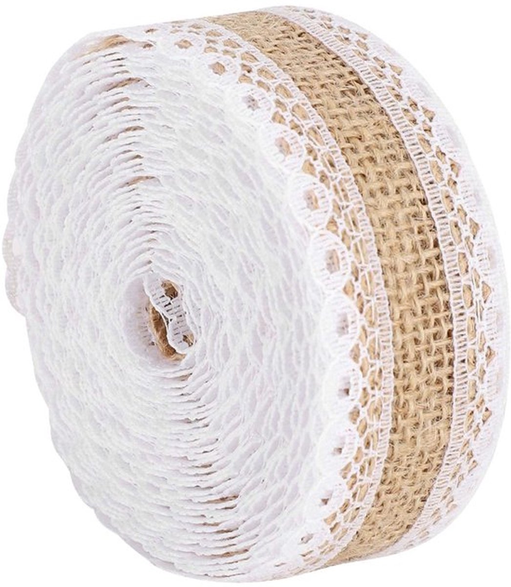 Natuurlijke jute lintrol, ademende afwerking, tape met wit kant voor vintage bruiloft, DIY handgemaakte decoratie, cadeau, 5 yards/15 feet (4)