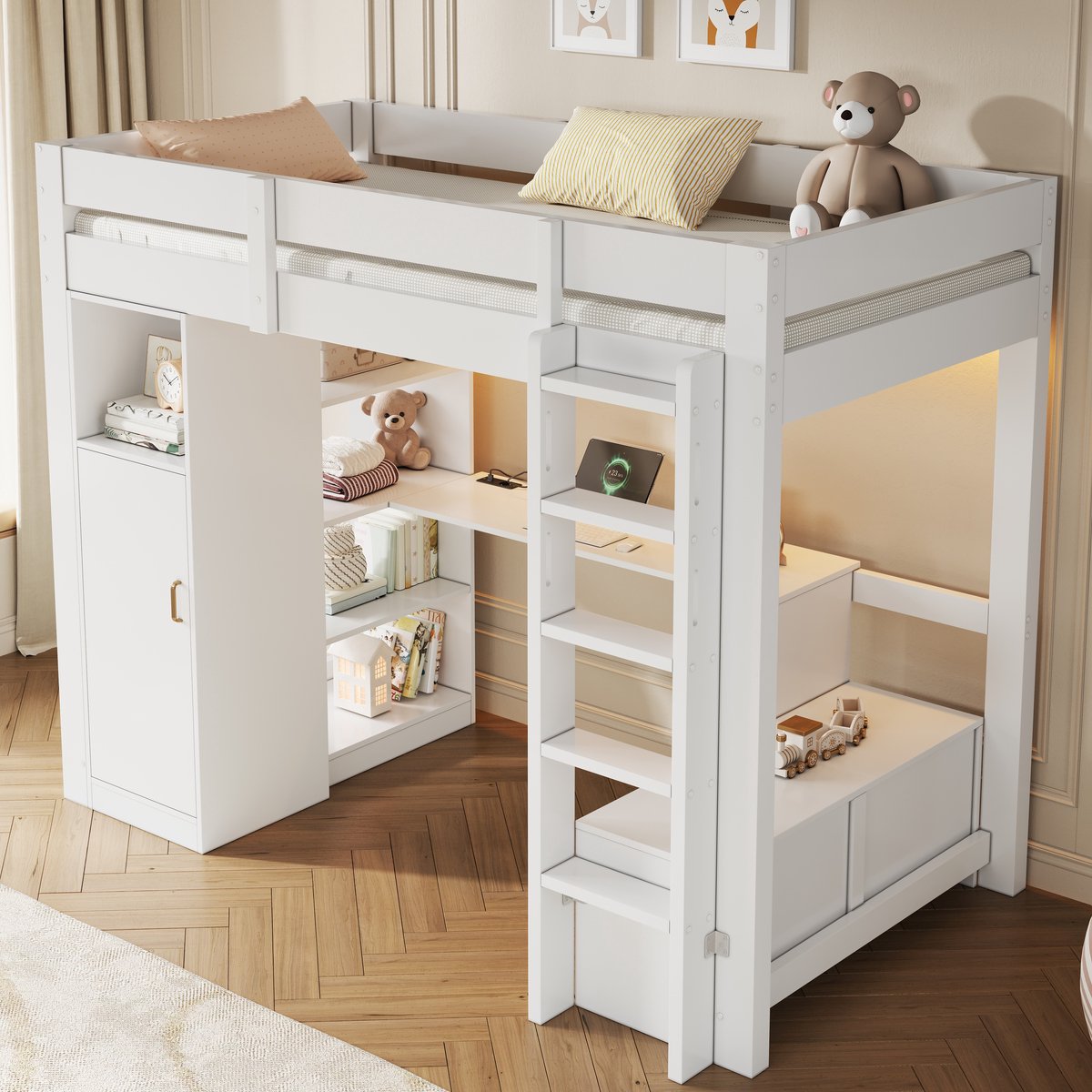 Wishdor Hoogslaper 90x200 cm met bureau - kledingkast en opbergrekken - ledverlichting met app-bediening - Slaapkamer - hout en bewerkt hout - wit