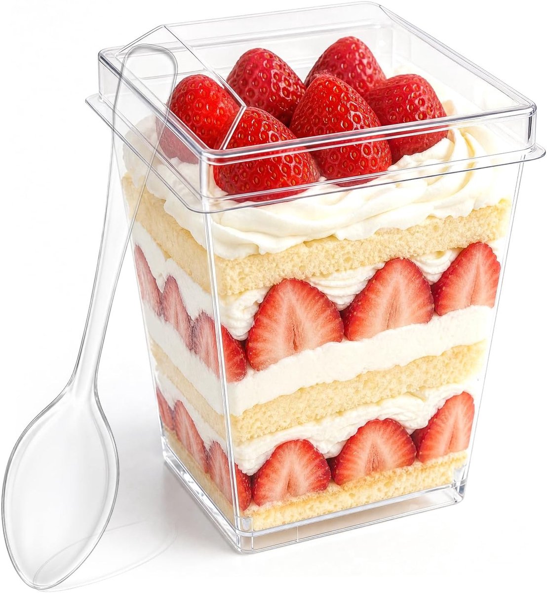 Dessertglazen van kunststof, 50 stuks, 160 ml, met deksel en lepels, perfect voor ijs, mousse en pudding