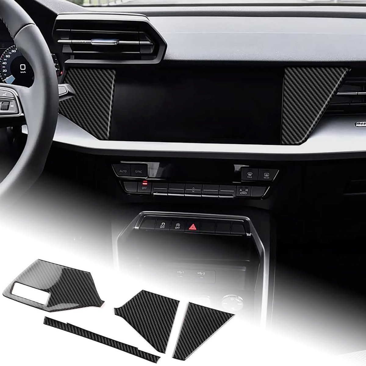 Audi A3 S3 8Y 2020-2025 Carbon Fiber Dashboard Stickers - Interieur Accessoires voor Auto, Decoratieve Stickers voor Center Console, 4 Stuks (Zwart)