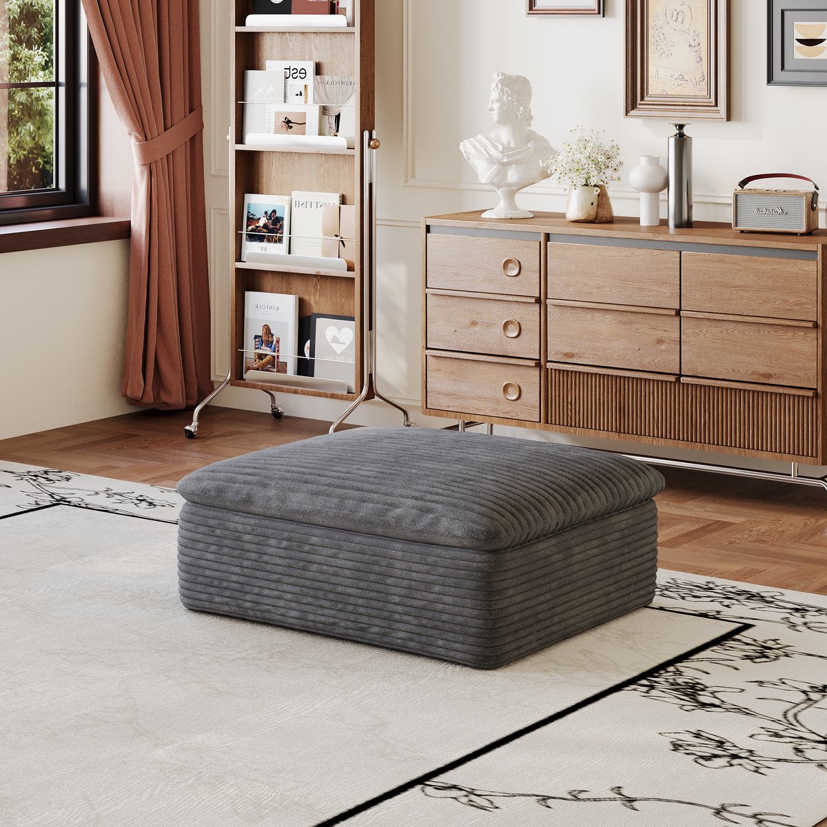 HAUSS SPOLE Poef - Zachte Modulaire Voetenbank - Comfortabele Extra Zitplaats - Voor Woonkamer En Lounge - Ribstof Donkergrijs