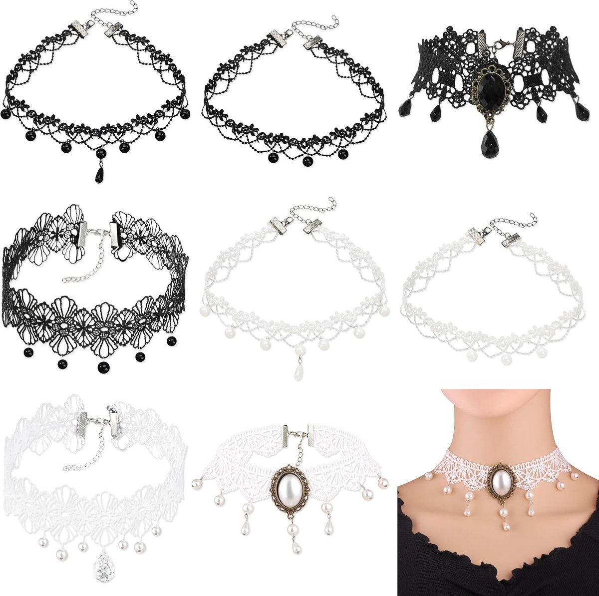 Gothic Lace Choker Set van 8 Stuks, Zwart-Witte Kraag Halskettingen voor Cosplay, Halloween en Feestjes