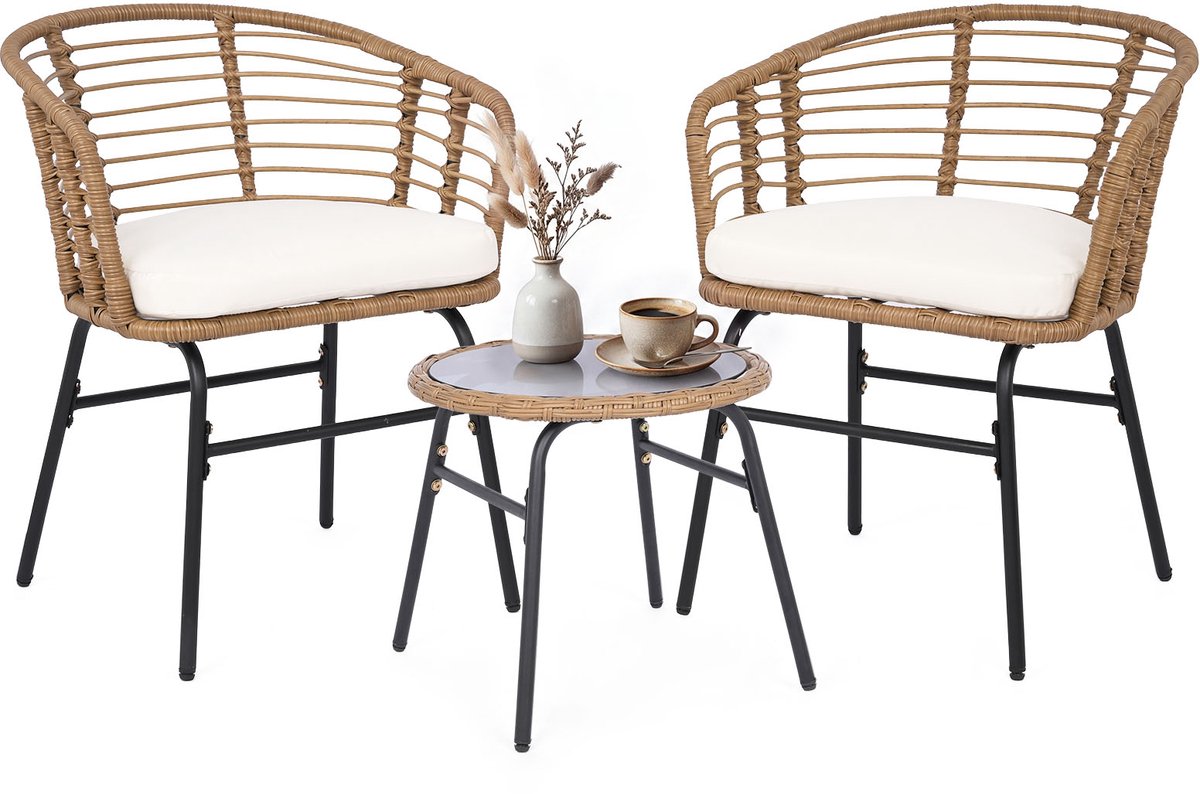 COSTWAY 3-delige rieten tuinmeubelset, bistroset voor 2 personen, balkonmeubelen met glazen tafel & ergonomische stoelen, tuinset, zitgroep met zitkussens, voor balkon, terras & tuin