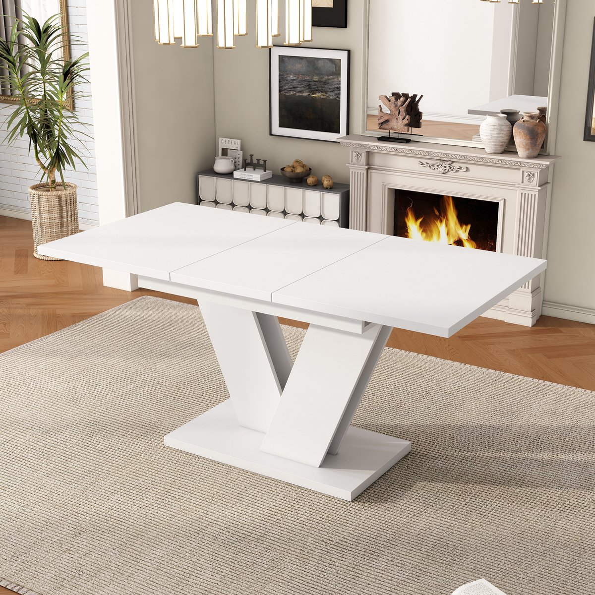 DESMIU Eettafelset 120/160 X 80 Cm - Uitschuifbare Eettafel Met 6 Stoelen En V-Poten - Voor Eetkamer En Diners - Hout Beige Wit