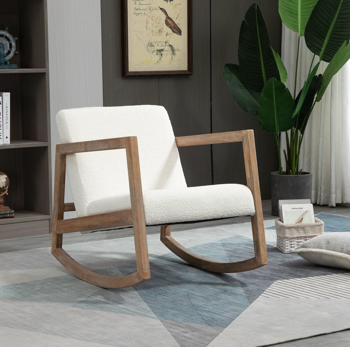 MIVRAY Schommelstoel 60 x 81 x 71 cm - Gewatteerde Relaxfauteuil Met Armleuningen - Voor Woonkamer En Slaapkamer - Polyester Rubberhout - Cremewit