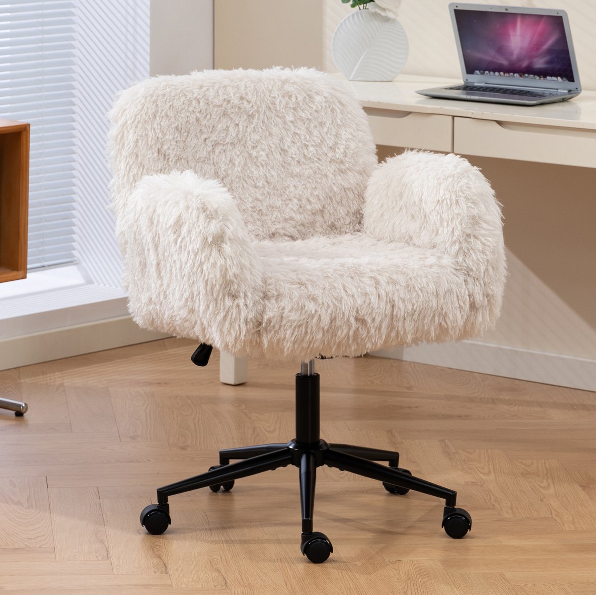 MIVRAY Bureaustoel 104 x 58 cm - In Hoogte Verstelbaar Met Opklapbare Armleuningen En Wielen - Voor Thuiswerkplek En Slaapkamer - Wolfleece Beige