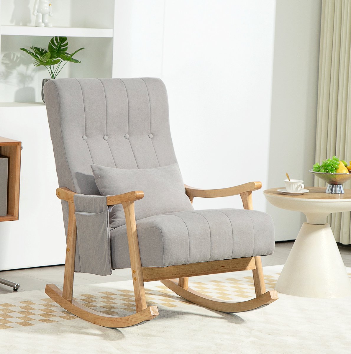 MIVRAY Schommelstoel 65 x 90 x 98 cm - Gewatteerde Relaxfauteuil Met Lendenkussen En Zijtas - Voor Woonkamer En Slaapkamer - Stof Grijs