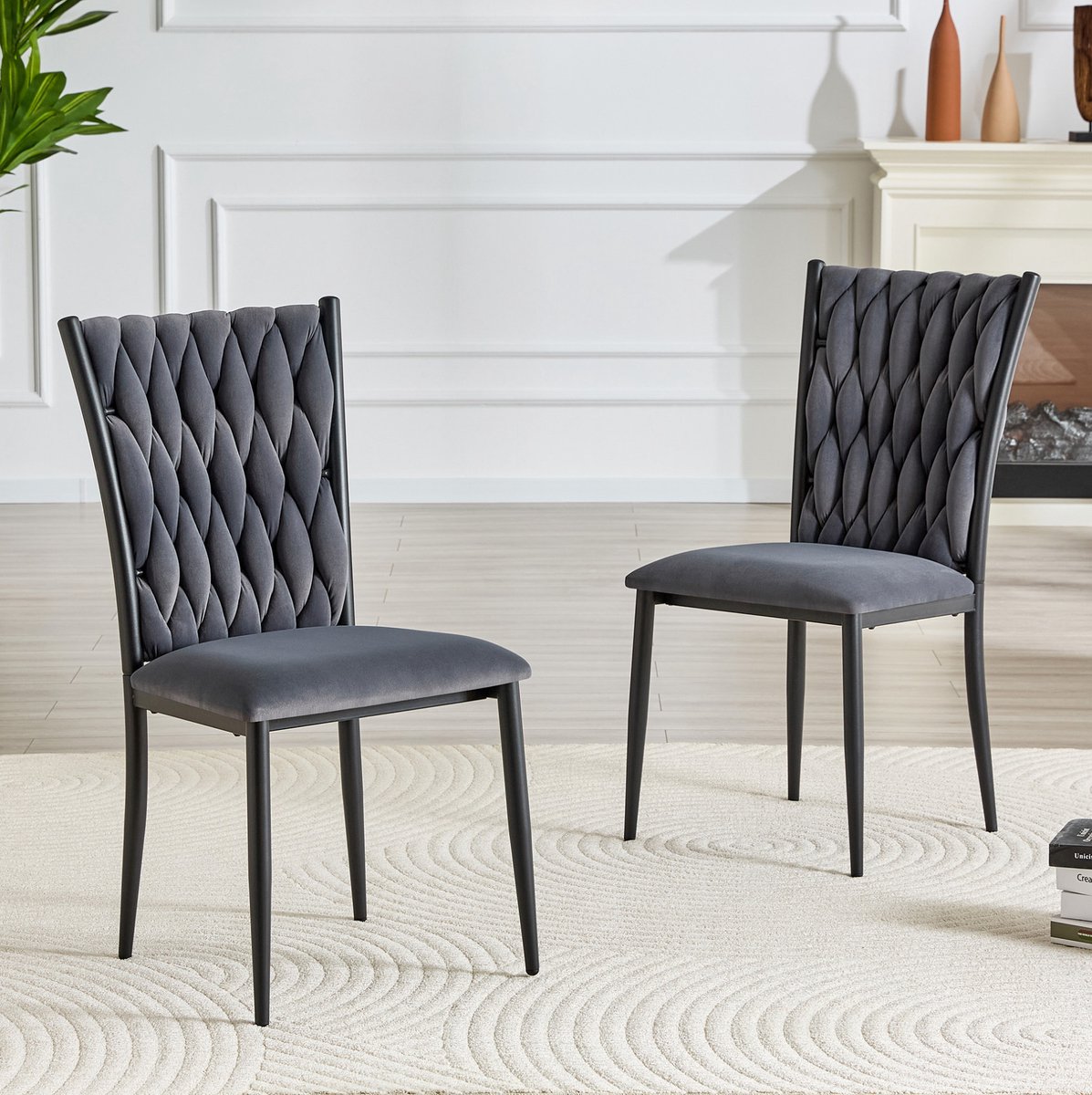 OKWISH Eetkamerstoel - Hoge Rugleuning En Gepolsterde Zitting - Velvet - Modern - Donkergrijs - Voor Eetkamer En Keuken - Metalen Poten