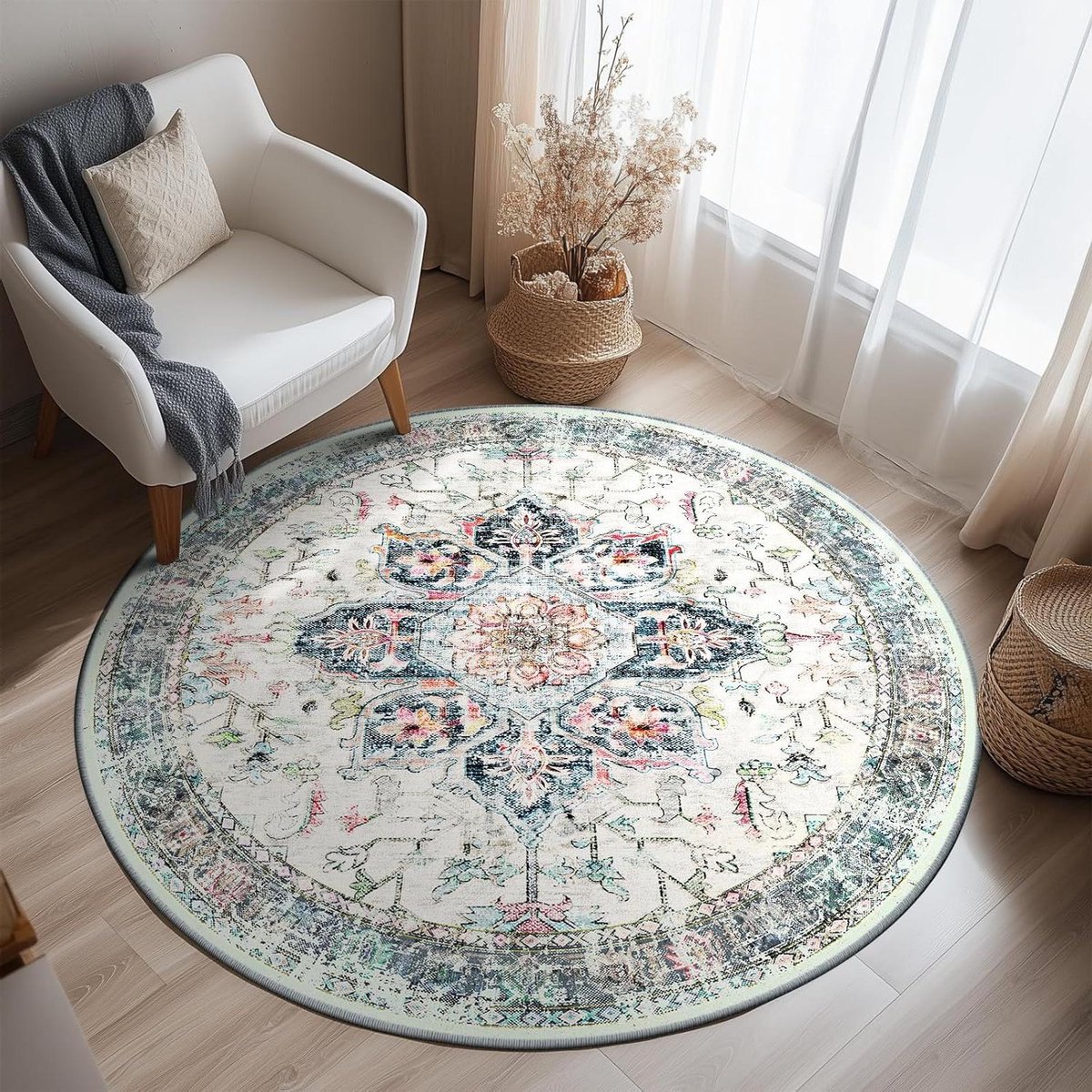 Vloerkleed Rond - Wasbaar Tapijt - Woonkamer Decoratie - Pileless Ontwerp - 243 cm - Meerkleurig