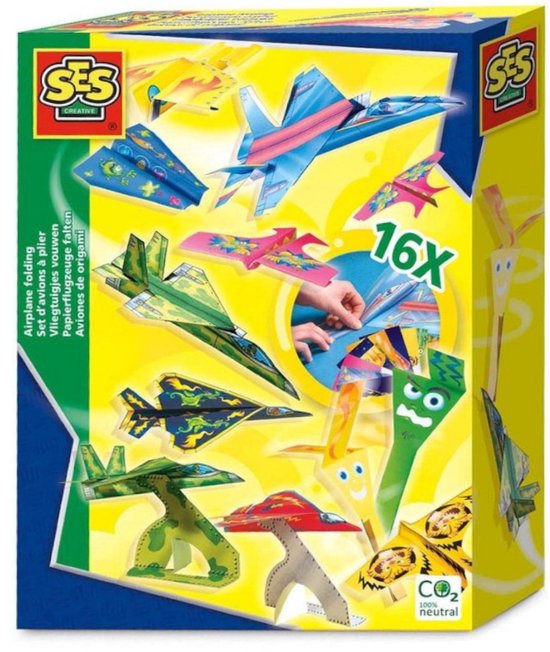 Doos van SES Creative met 16 papieren vliegtuigjes, waaronder een groen camouflage vliegtuig en een blauw met draken.