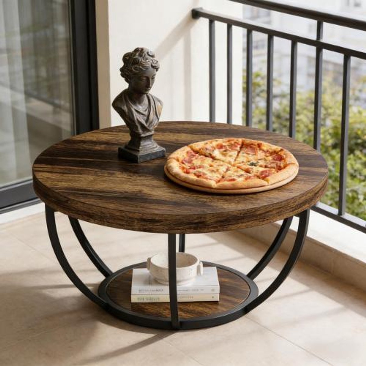 HAUSS SPOLE Bijzettafel - Ronde Tafel Met 2 Niveaus - Voor Woonkamer En Kantoor - Hout En Metaal - Rustiek