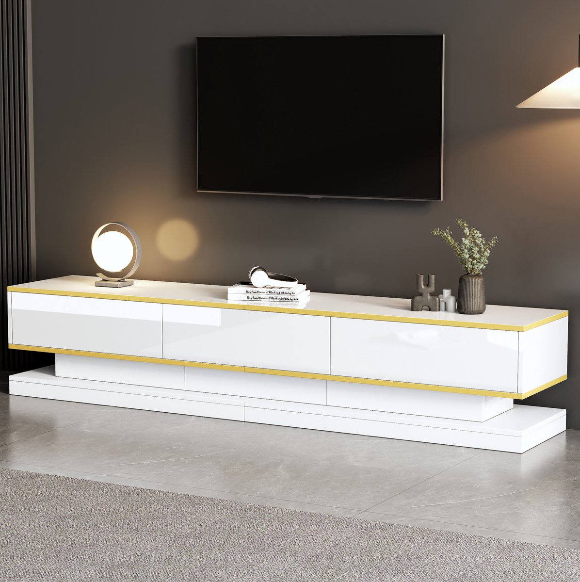 MEUNIQ TV-meubel lowboard 200 x 40 x 40 cm met 3 lades en open opbergruimte, hoogglans tv-kast voor woonkamer, warmwit met gouden rand