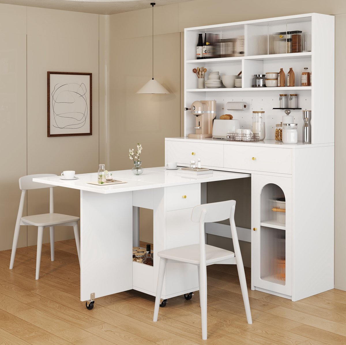 MEUNIQ keukenkast 120 x 45 x 180 cm met werkblad, 2 lades, verstelbare plank, open opbergruimte en geïntegreerd haakbord voor keuken en eetkamer, wit