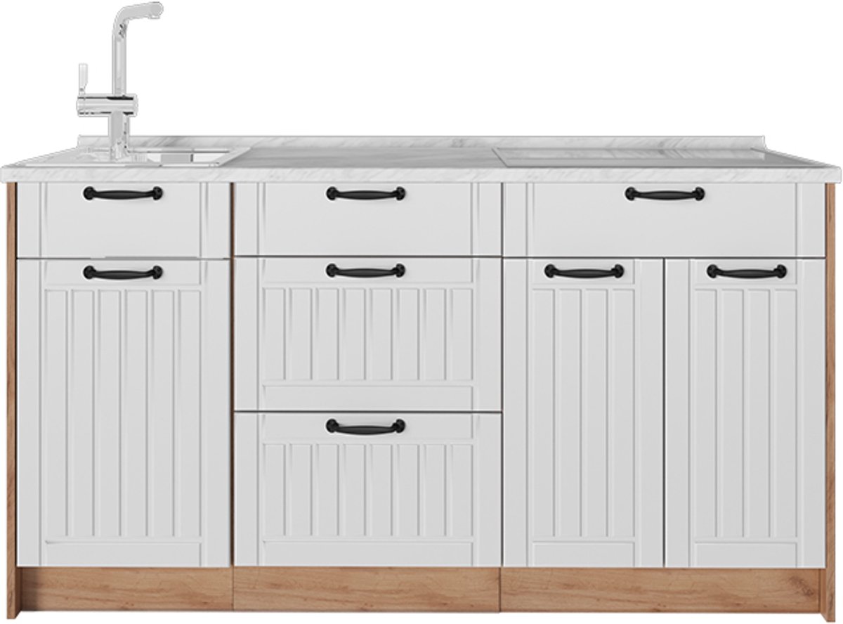 Vicco Keukenblok Fame-Line, Wit Landhuis/Goudkleurig Eiken, 150 cm, WB Marmer