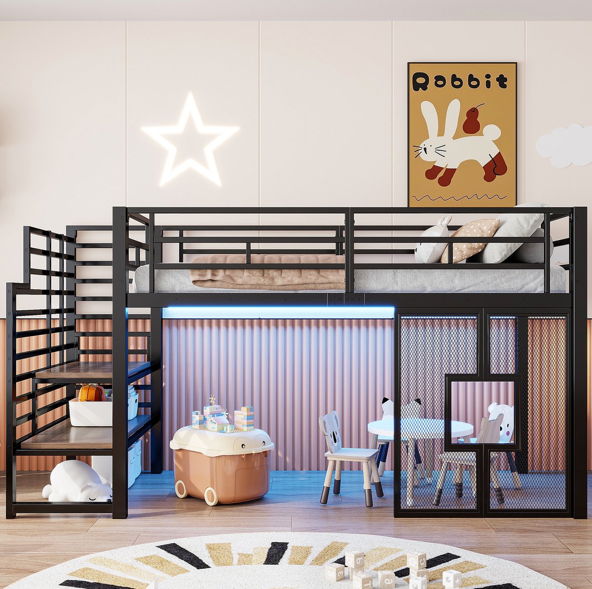 MIVRAY Hoogslaper 90x200 cm Zonder Matras - Met Trap, Opbergruimte En Ledverlichting - Met Raamdesign - Metaal En MDF - Zwart
