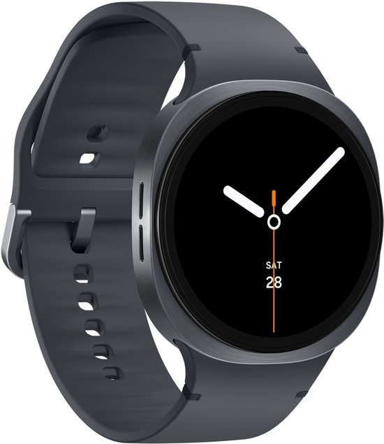 Donkergrijze smartwatch met zwart wijzerplaat, dat 'SAT 28' toont.