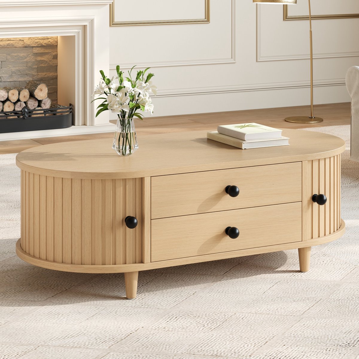 Sweiko Salontafel - Schuifdeuren - 2 lades - MDF - Houten poten - 100 × 50 × 36 cm - Naturel