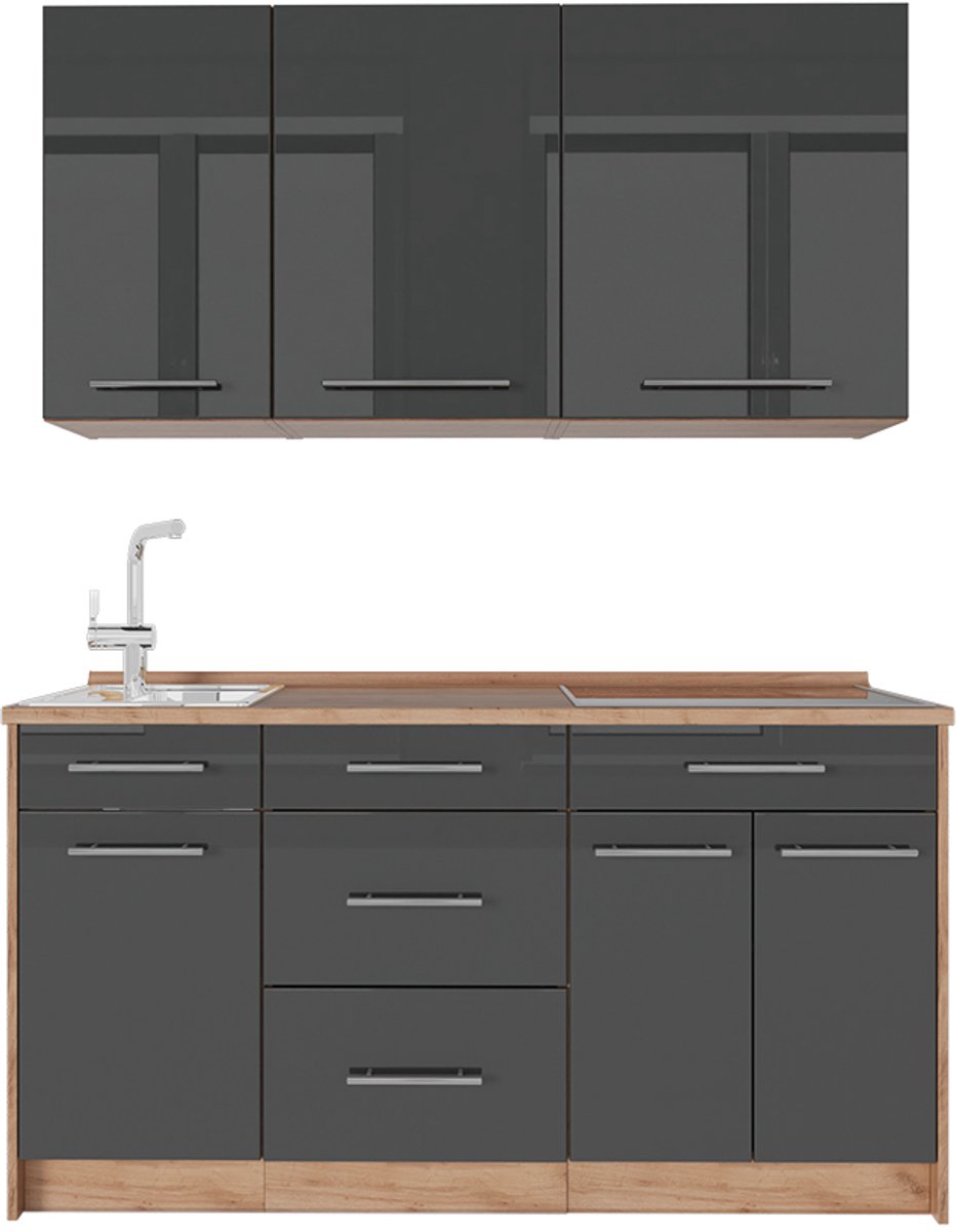 Vicco Eenpersoonskeuken Fame-Line, Antraciet Hoogglans/Goudkleurig Eiken, 150 cm, WB Eik