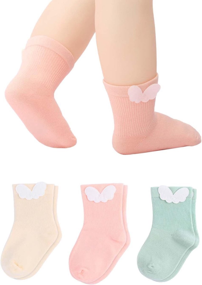 Set van 3 Baby Sokken 6-12 Maanden - Warme Katoenen Crew Sokken voor Meisjes in Roze, Comfortabel en Ademend