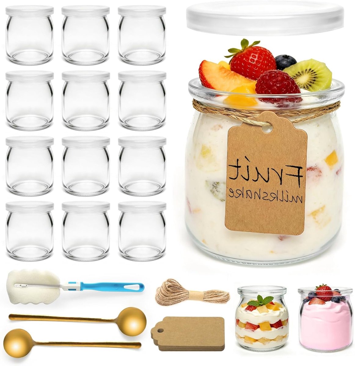 Set van 12 heldere glazen dessertglazen van 200 ml met deksel voor yoghurt, mousse, granola en pudding - Vaatwasser-, vriezer- en magnetronbestendig