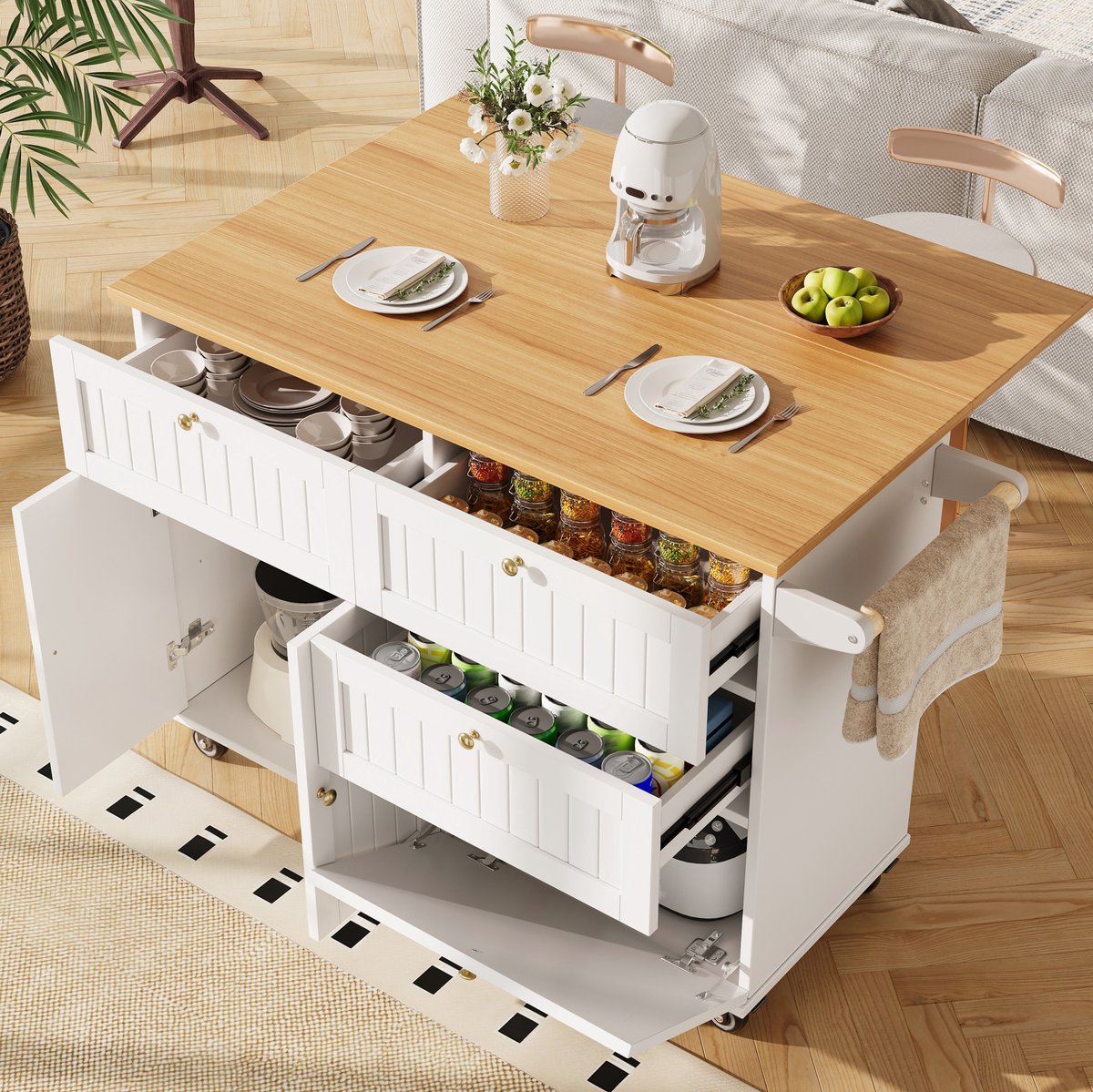 MEUNIQ Keukeneiland keukenwagen 133 x 88 cm met opbergruimte, wieltjes, verstelbare steunvoeten en klapdeur met veiligheidsfunctie, wit