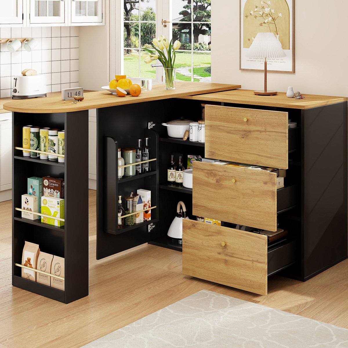 MEUNIQ Bartafel 138-204 x 39 x 104 cm uitschuifbaar en 360° draaibaar met 3 lades, open opbergrekken en snackvak, hoge tafel voor keuken, woonkamer of thuiskantoor, zwart