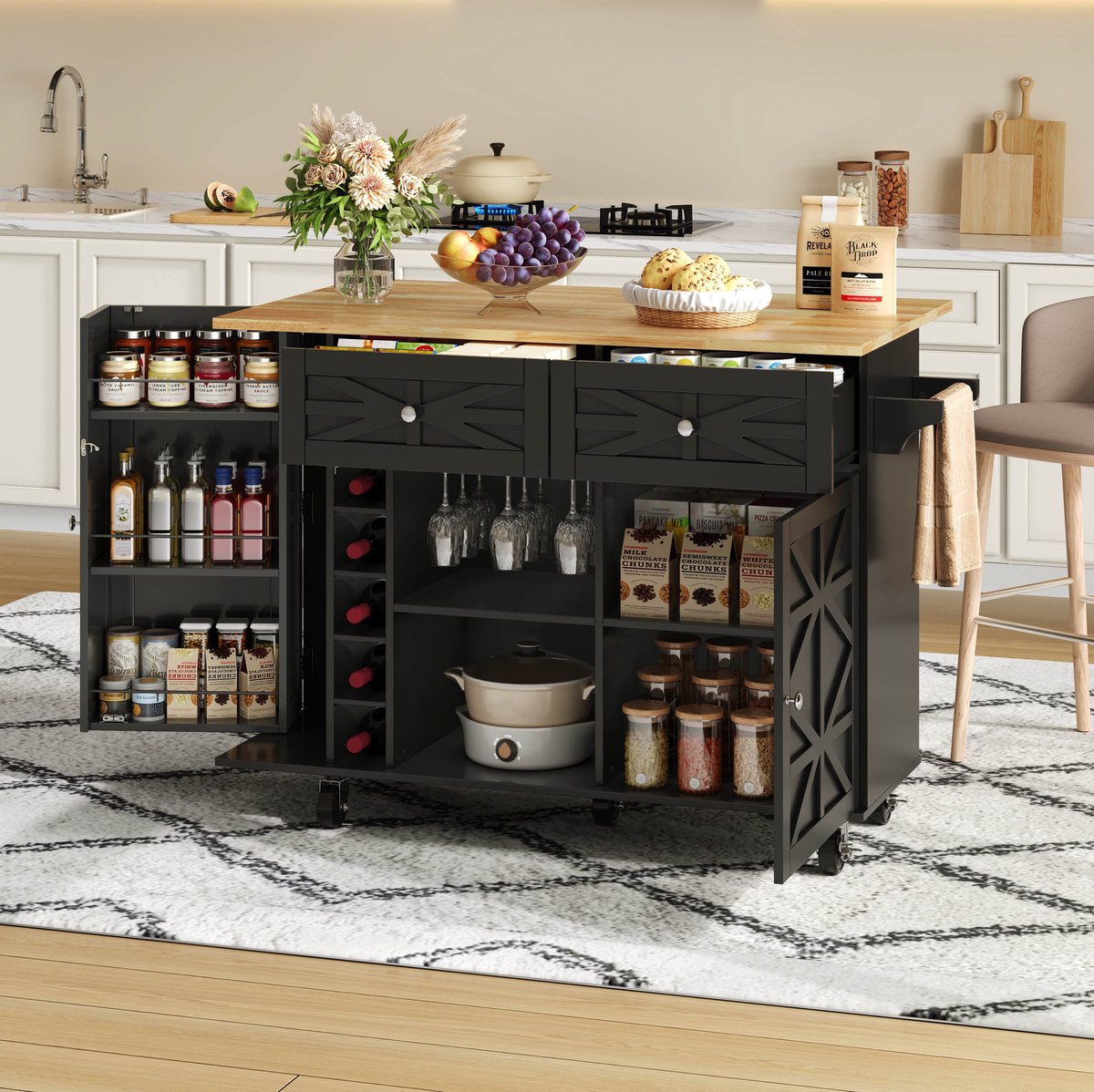 MEUNIQ keukenkast keukeninsel op wielen 120 x 45(70) x 89 cm met klapbaar werkblad, 2 lades, deur, wijnrek en glashouder voor keuken, zwart