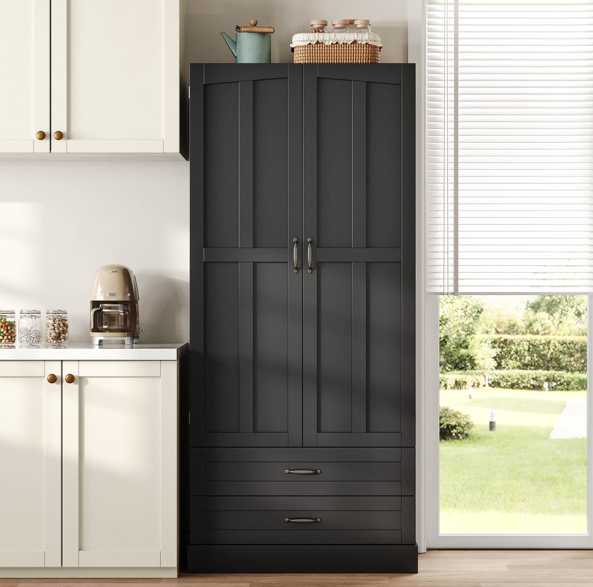 Wishdor - Keukenkast - Hoge opbergkast met 2 lades en dubbele deuren - modern minimalistisch - voor keuken en eetkamer - houtlook bewerkt hout - zwart - 80 x 37 x 180 cm