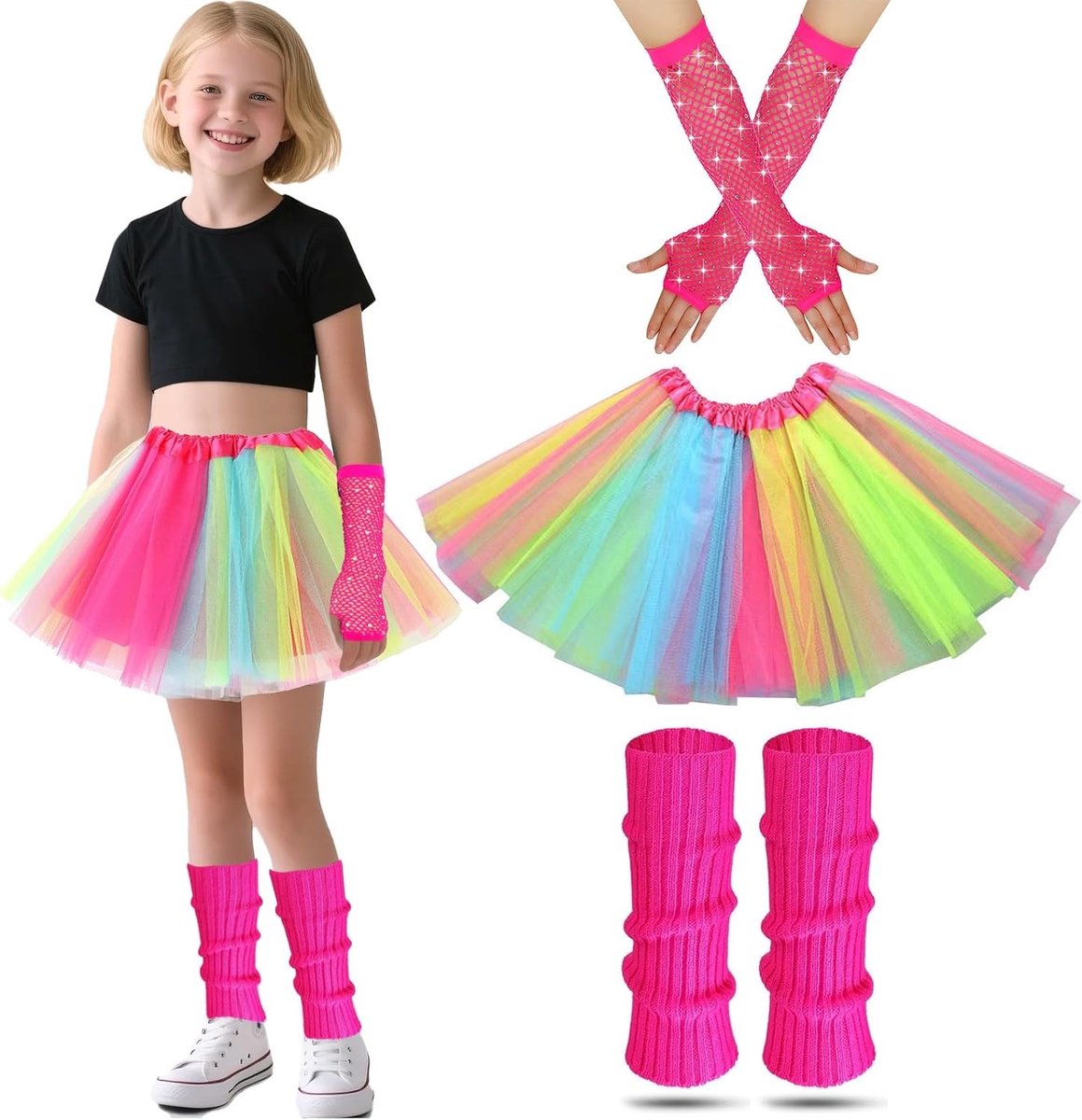 80s Kostuum voor Meisjes met Neon Beenwarmers, Visnet Handschoenen en Tutu Jurk voor Themafeesten