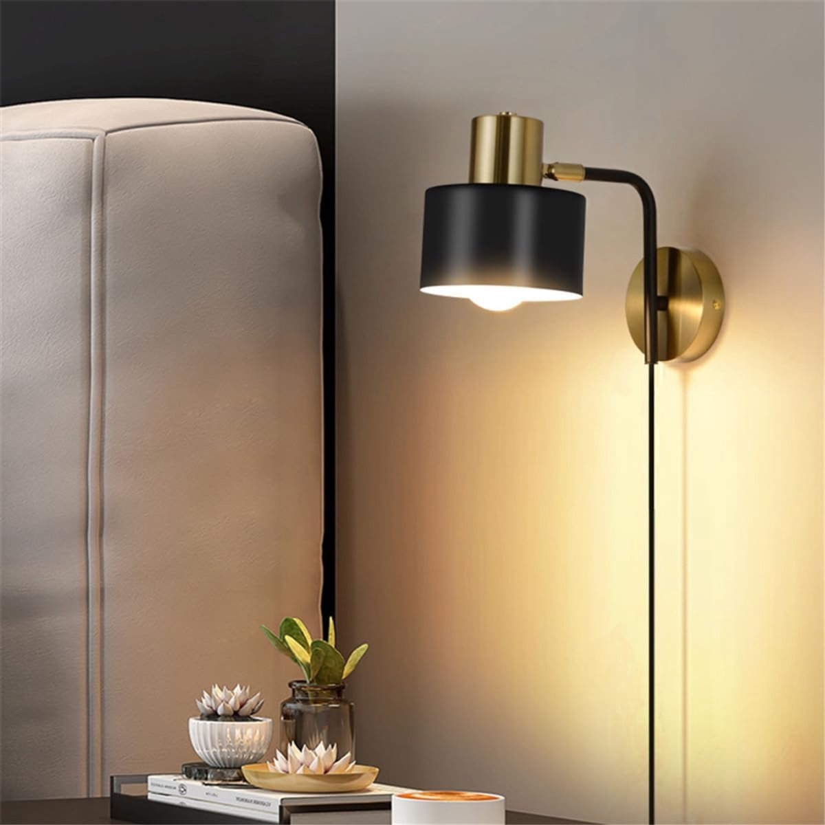 QORA® Wandlamp Binnen met Snoer - Wandlamp - Wandlamp Binnen - Verstelbare wandspot - Zwart - 19cm x 19cm x 18cm