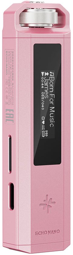 Roze Snowsky Echo Nano MP3-speler met een zwart scherm dat 'Born For Music' weergeeft.