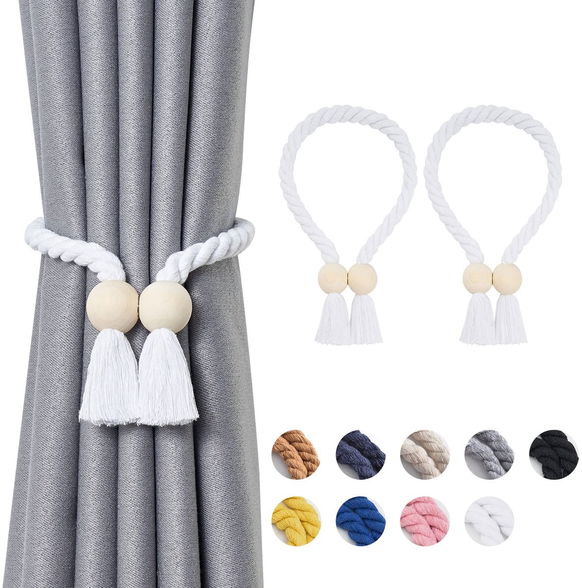 Gordijn-ophanghouders van hout, boho-decoratie, vouwhouders, natuurlijk katoen, handgeweven, voor raamgordijnen voor thuis en op kantoor, wit, 2 stuks
