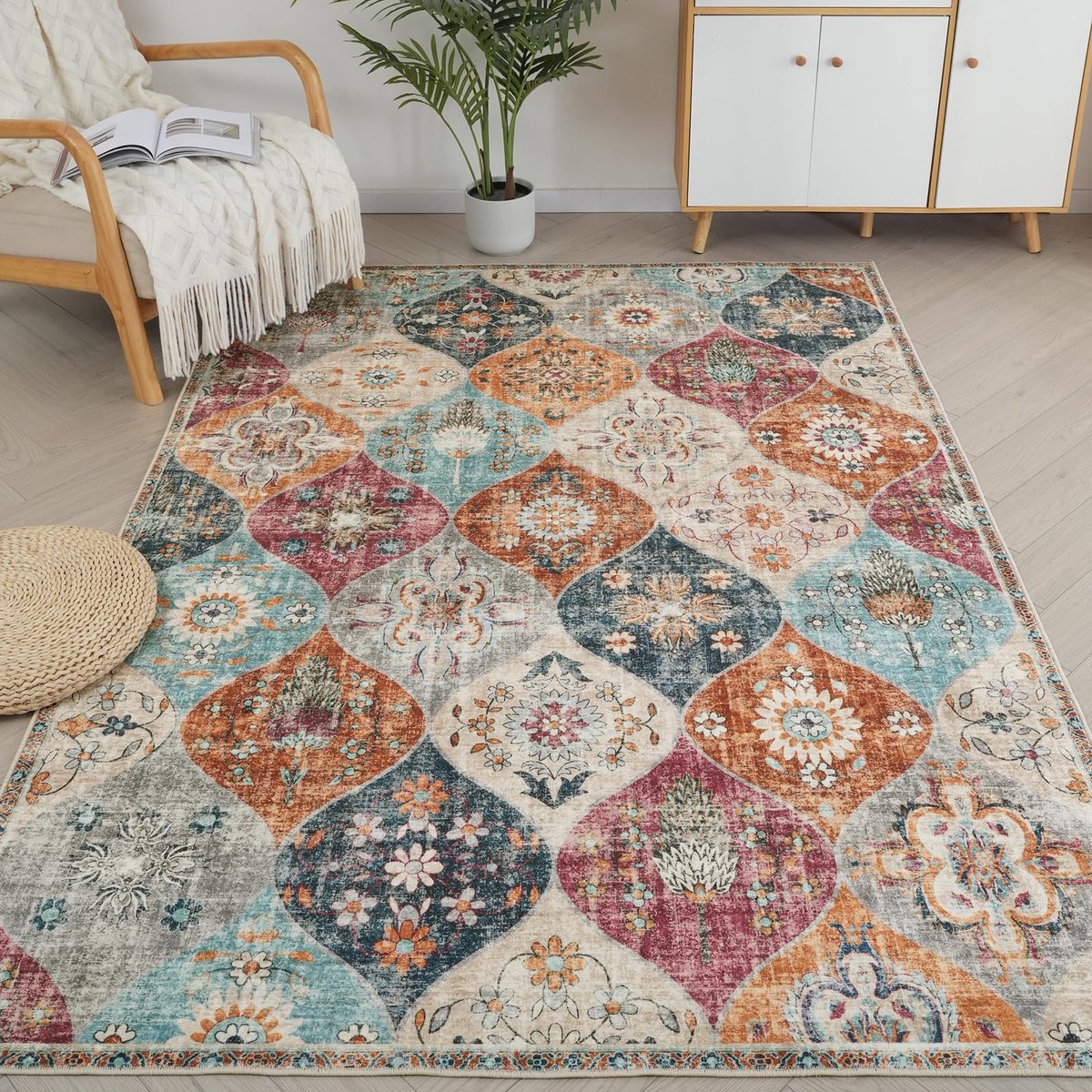 Boho bloementapijt, antislip, wasbaar, ultrazacht antiek vloerkleed met lage pool voor woonkamer, slaapkamer, kinderkamer, 200 x 300 cm