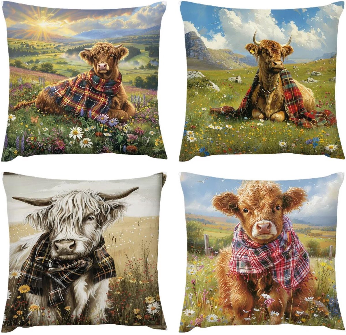 Sofakussen voor buiten, waterdicht, 4 stuks, veelandschap, hooglandschap, kussenslopen voor terras, 50 x 50 cm, woonkamer, bank, woondecoratie, verborgen ritssluiting, 50 x 50 cm, D-131