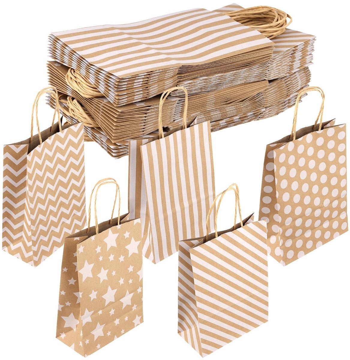 Dailygoods- Cadeauzakjes 50 stuks - Kraftpapier 16 x 22 x 8 cm - Handvat - 5 Patronen - Geschenktas - Stevig en stijlvol - Geschenkzakjes