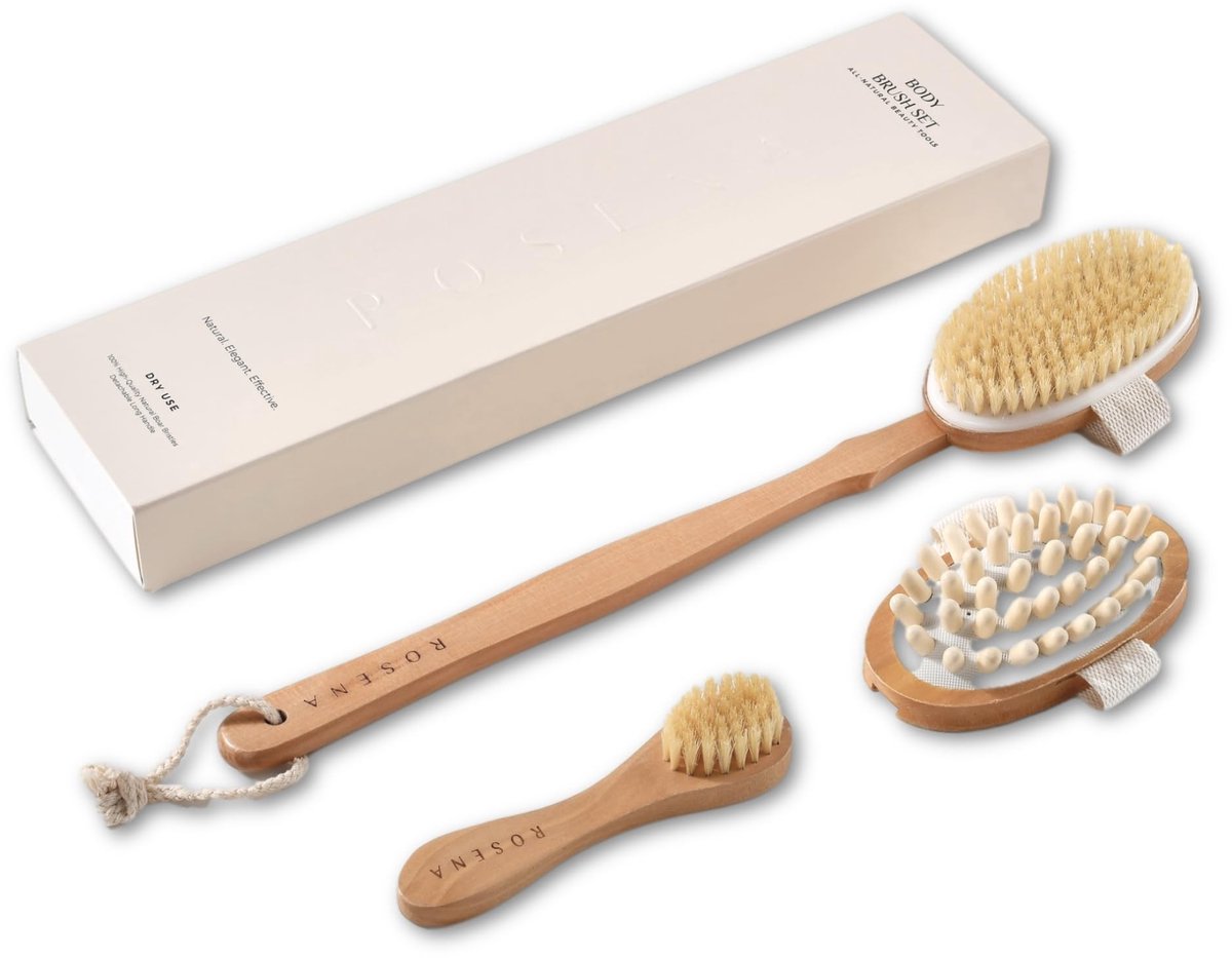 Dailygoods- Droogborstelset voor cellulitis - Lymfedrainage - Huidpeeling - Natuurlijke borstelharen - Lange handgreep - Massageapparaat voor stralende huid - Huidverzorgingsset